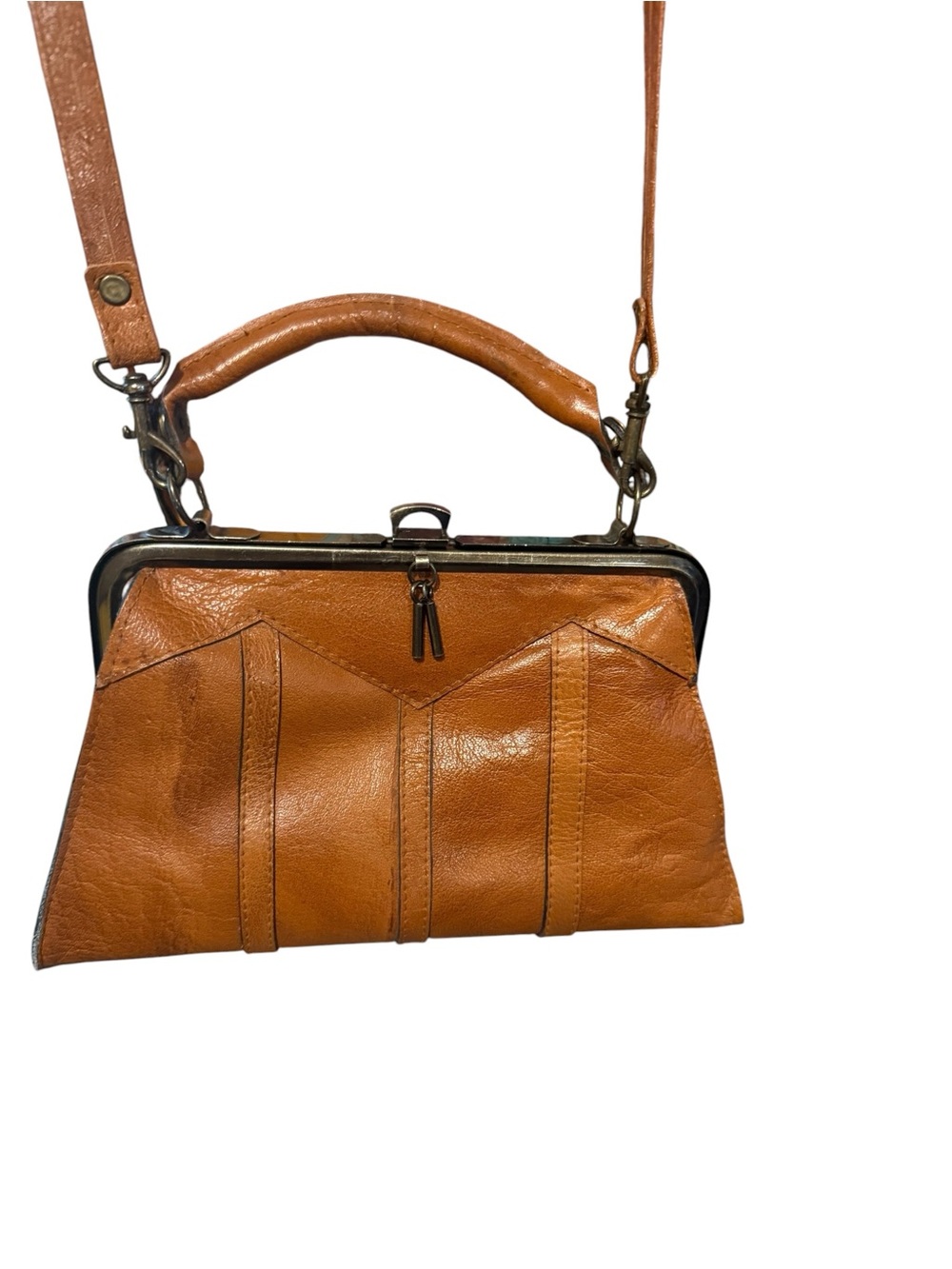 Giordano Tan Italian Leather Frame-Top Kiss and Lock Satchel/Crossbody Bag